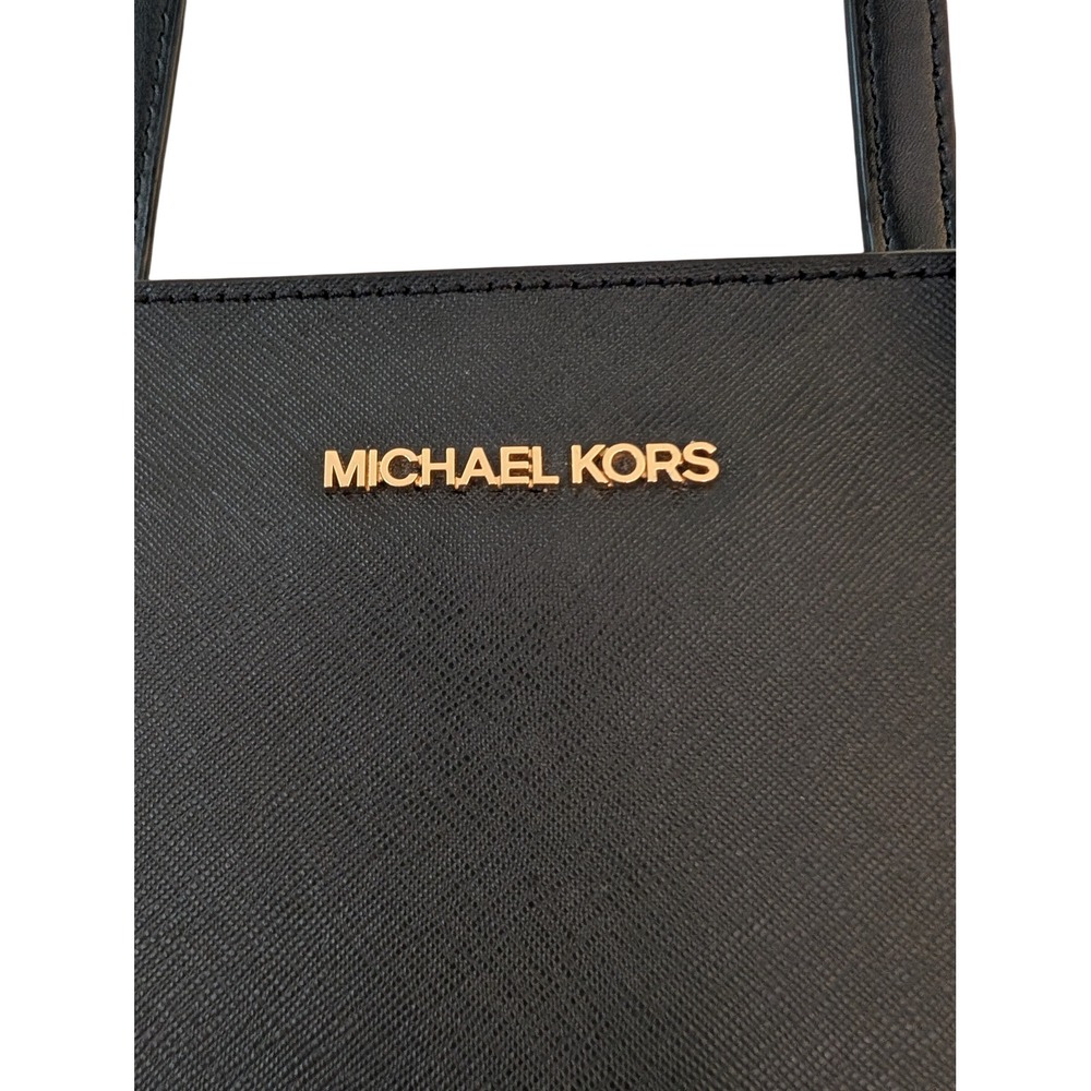 Michael Kors Black Saffiano Leather Tote Bag Gold Tone Hardware Zip Top - Picture 6 of 8